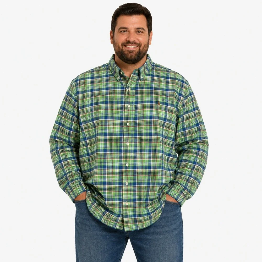 Ralph Lauren Button Down Shirt Mens 2XB Green Blue Plaid Classic Fit Long Sleeve